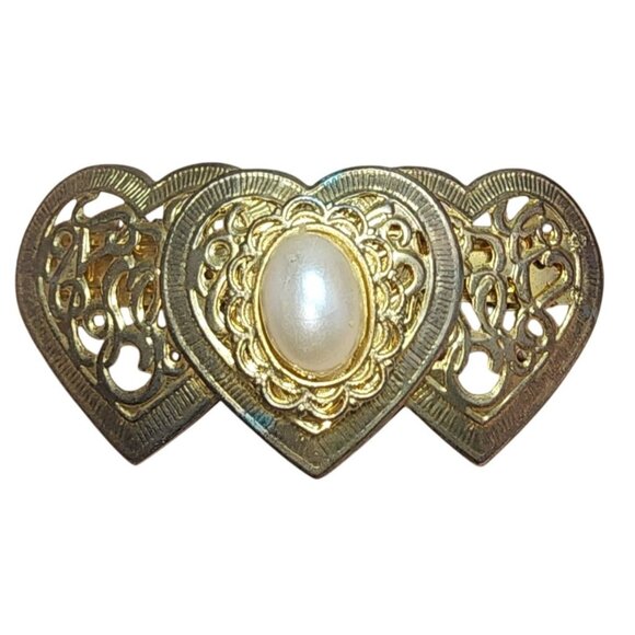 Vintage Korea Gold Tone Faux Pearl Cabochon Heart Hair Barrette Clip Scroll - Picture 1 of 4